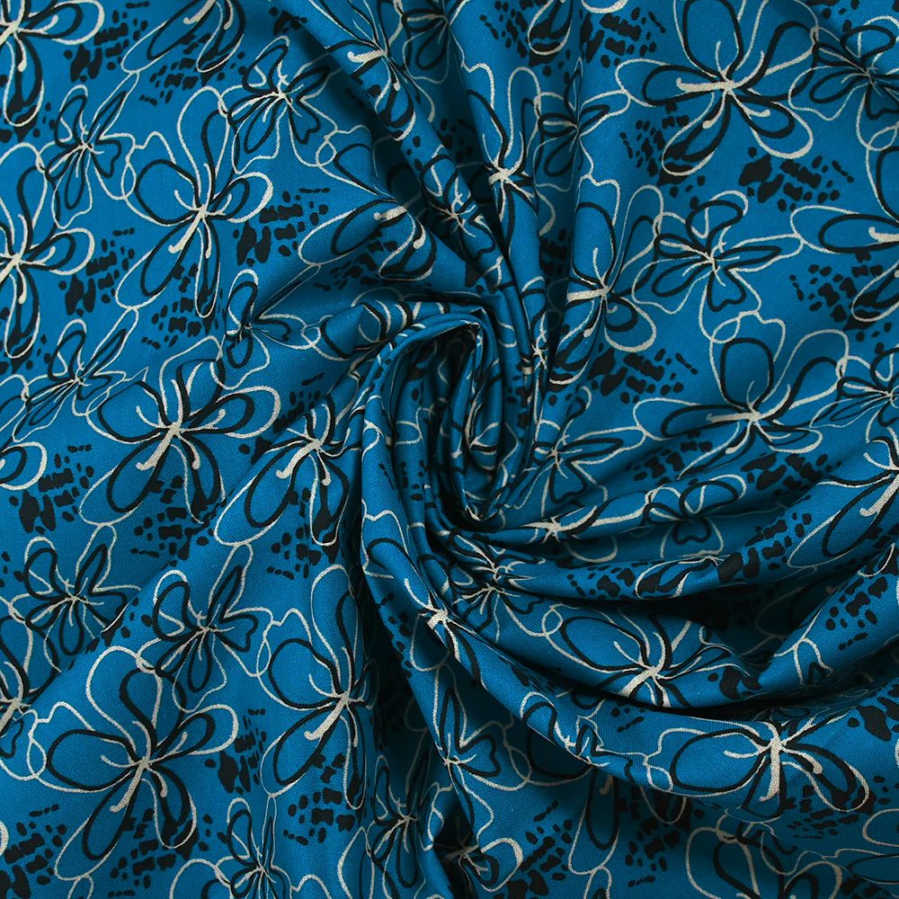 Popeline de coton imprimée geste floral fond bleu pétrole - Image 2