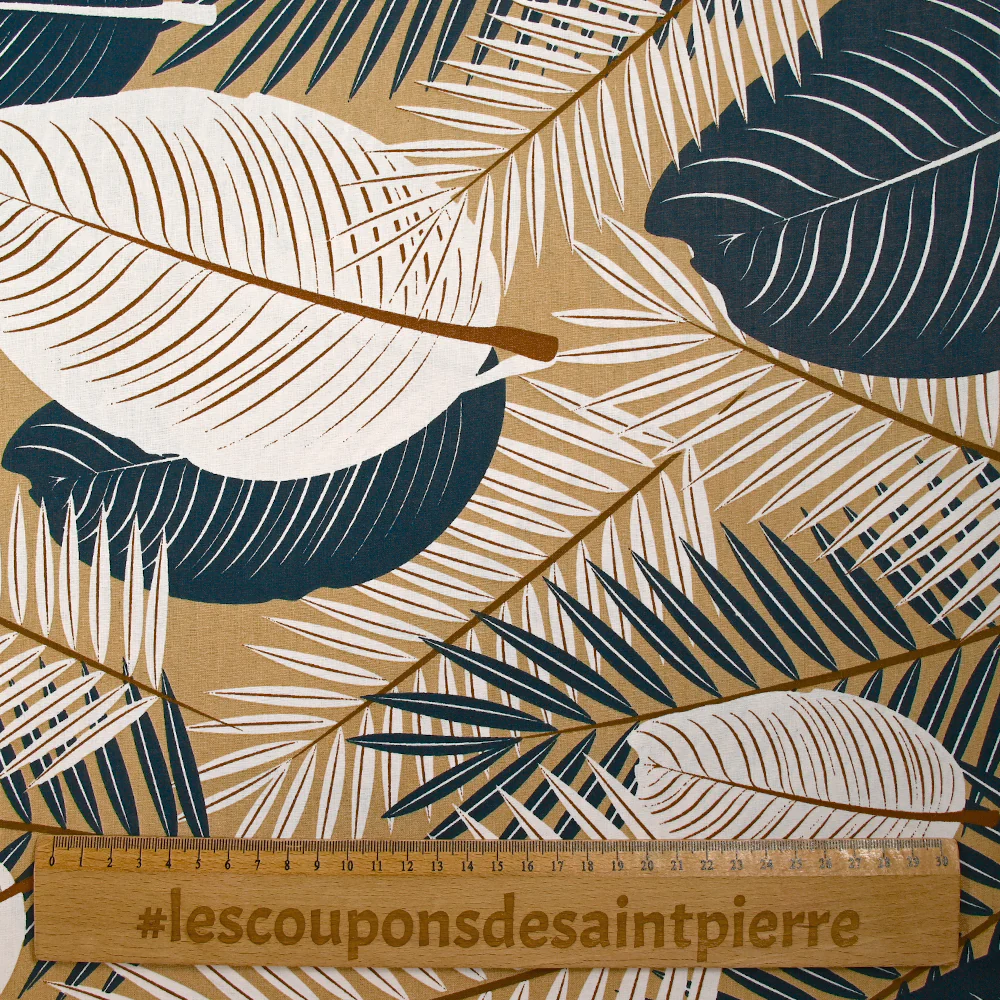 Popeline de coton imprimée grandes feuilles fond beige - Image 3