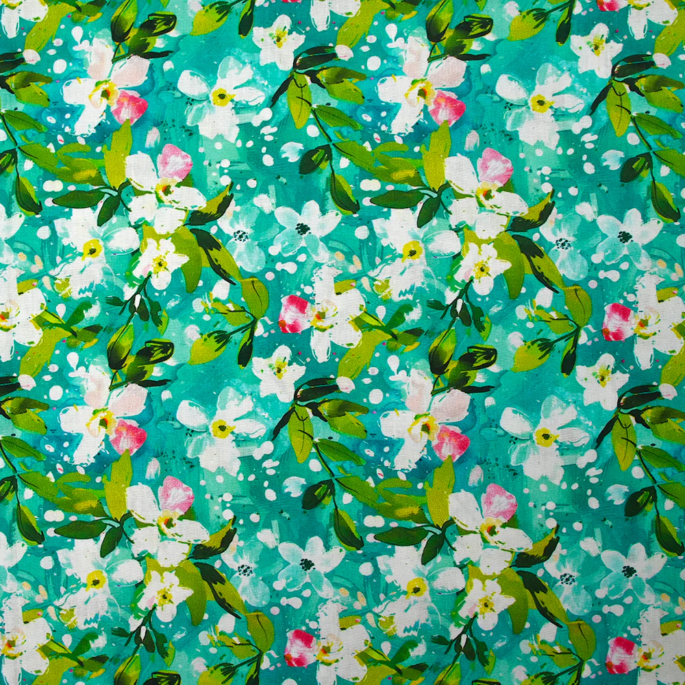 Popeline de coton imprimée jasmin fond turquoise
