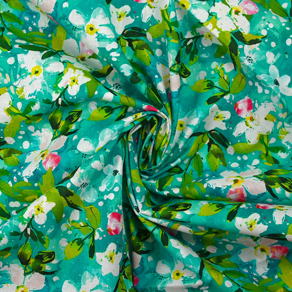 Popeline de coton imprimée jasmin fond turquoise - Image 2