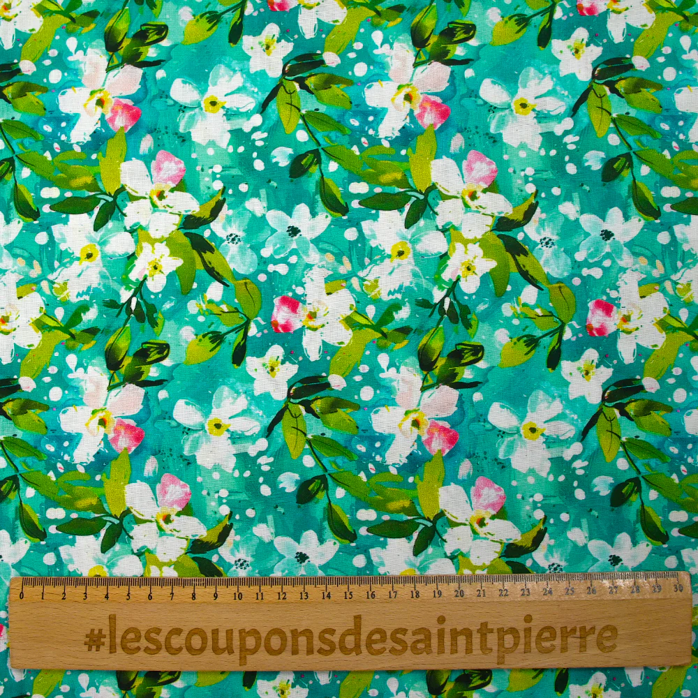 Popeline de coton imprimée jasmin fond turquoise - Image 3