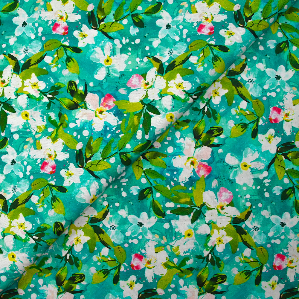 Popeline de coton imprimée jasmin fond turquoise - Image 4