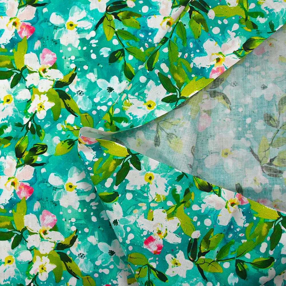 Popeline de coton imprimée jasmin fond turquoise - Image 5