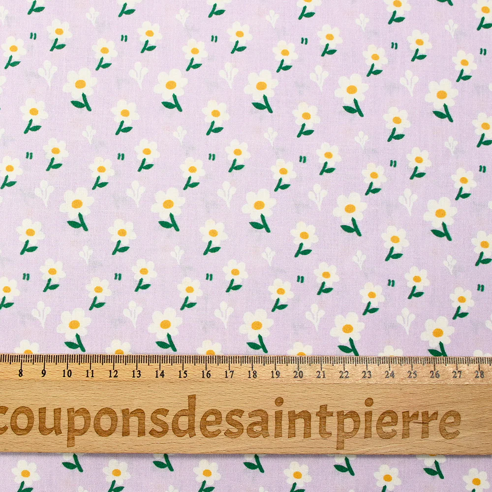 Popeline de coton imprimée marguerite blanche fond mauve - Image 3