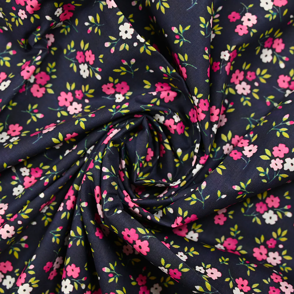 Popeline de coton imprimée mini fleur rose fond bleu minéral - Image 2