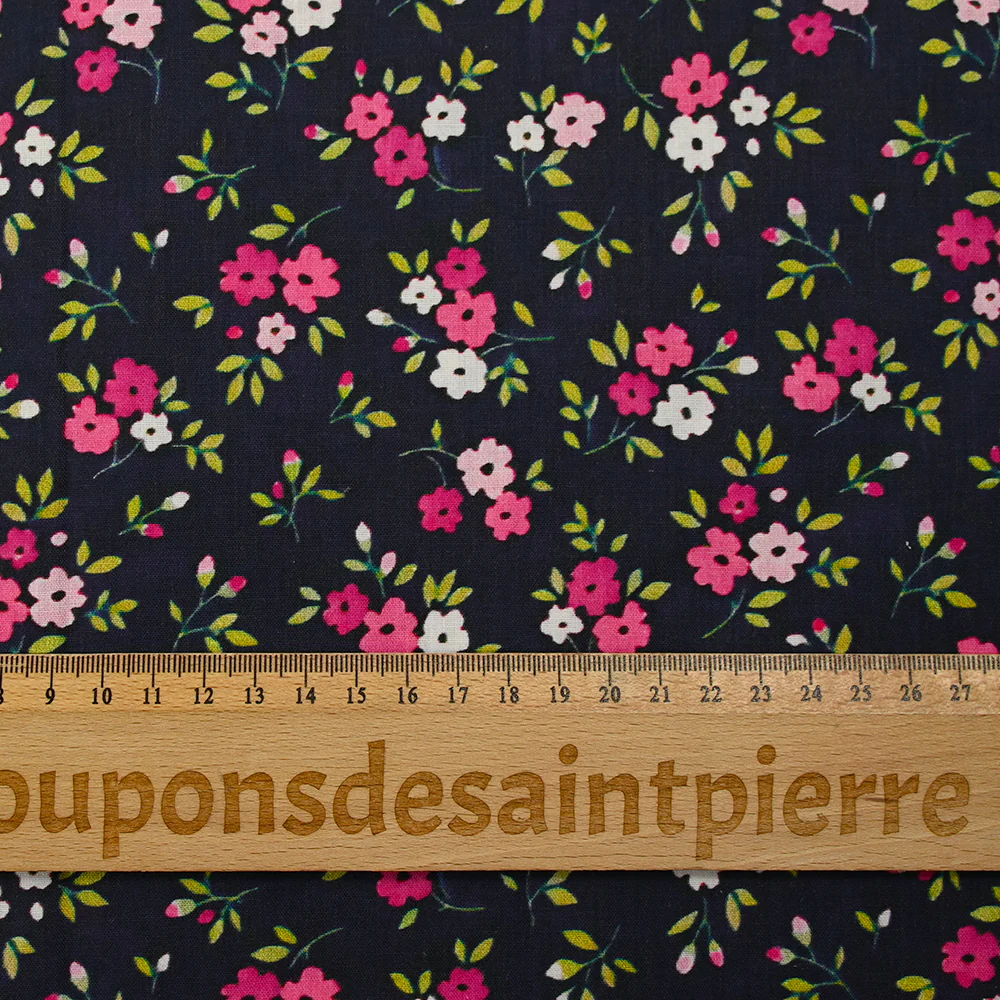 Popeline de coton imprimée mini fleur rose fond bleu minéral - Image 3