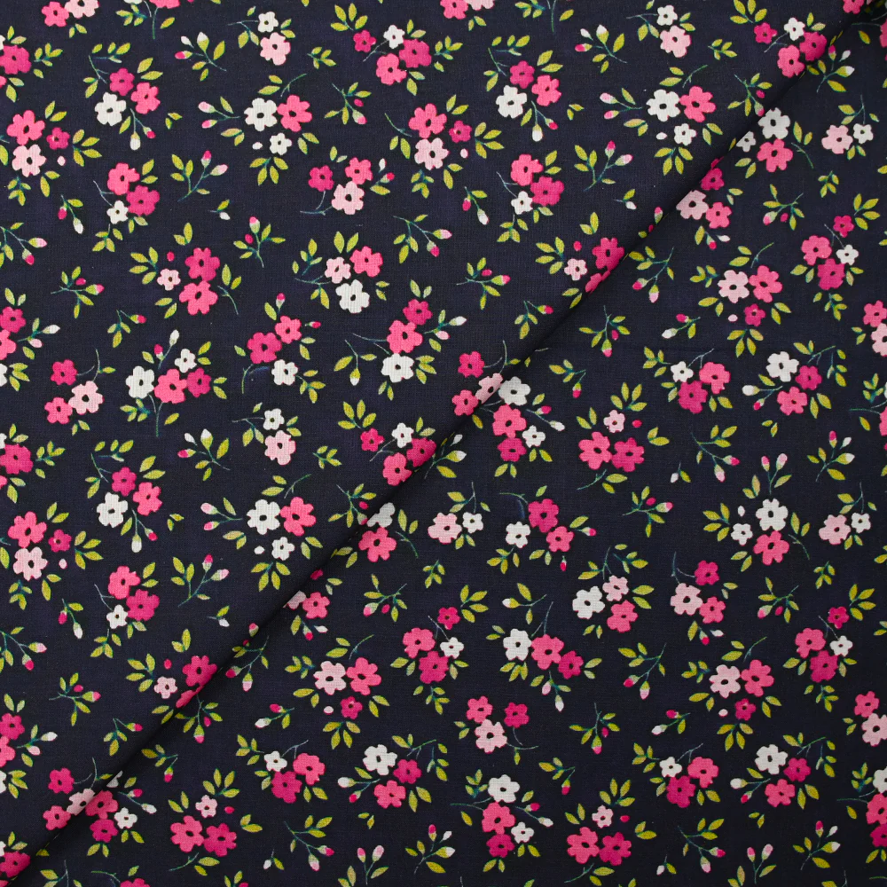 Popeline de coton imprimée mini fleur rose fond bleu minéral - Image 4