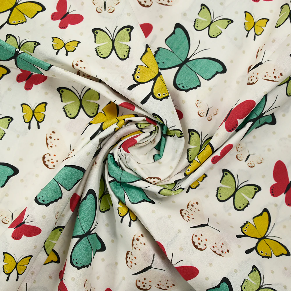 Popeline de coton imprimée papillon pois beige fond blanc - Image 2