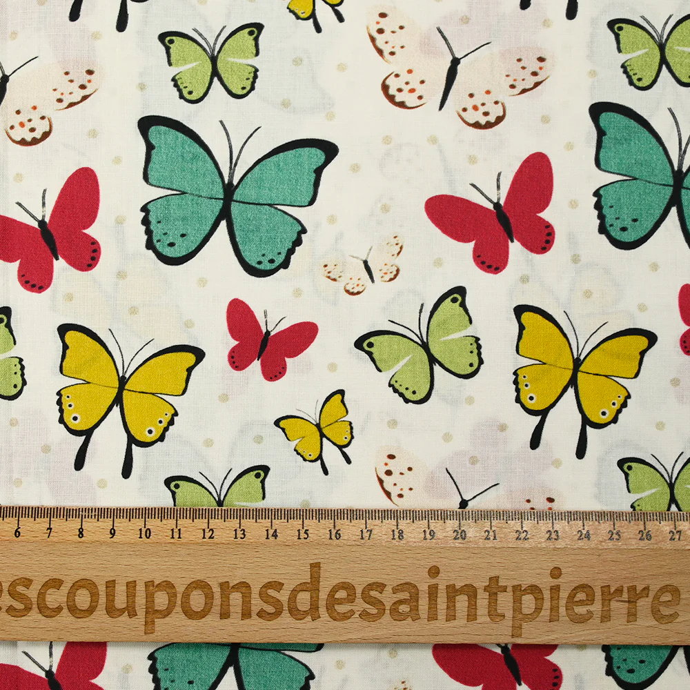 Popeline de coton imprimée papillon pois beige fond blanc - Image 3