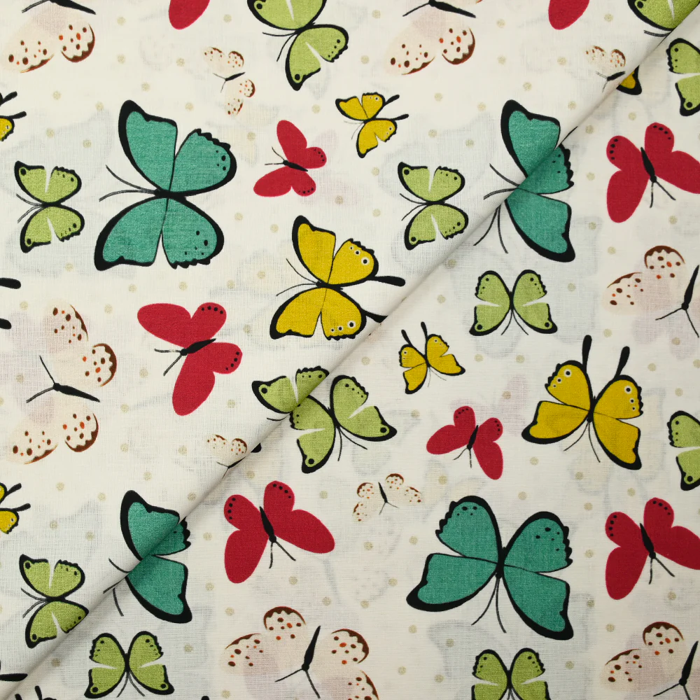 Popeline de coton imprimée papillon pois beige fond blanc - Image 4
