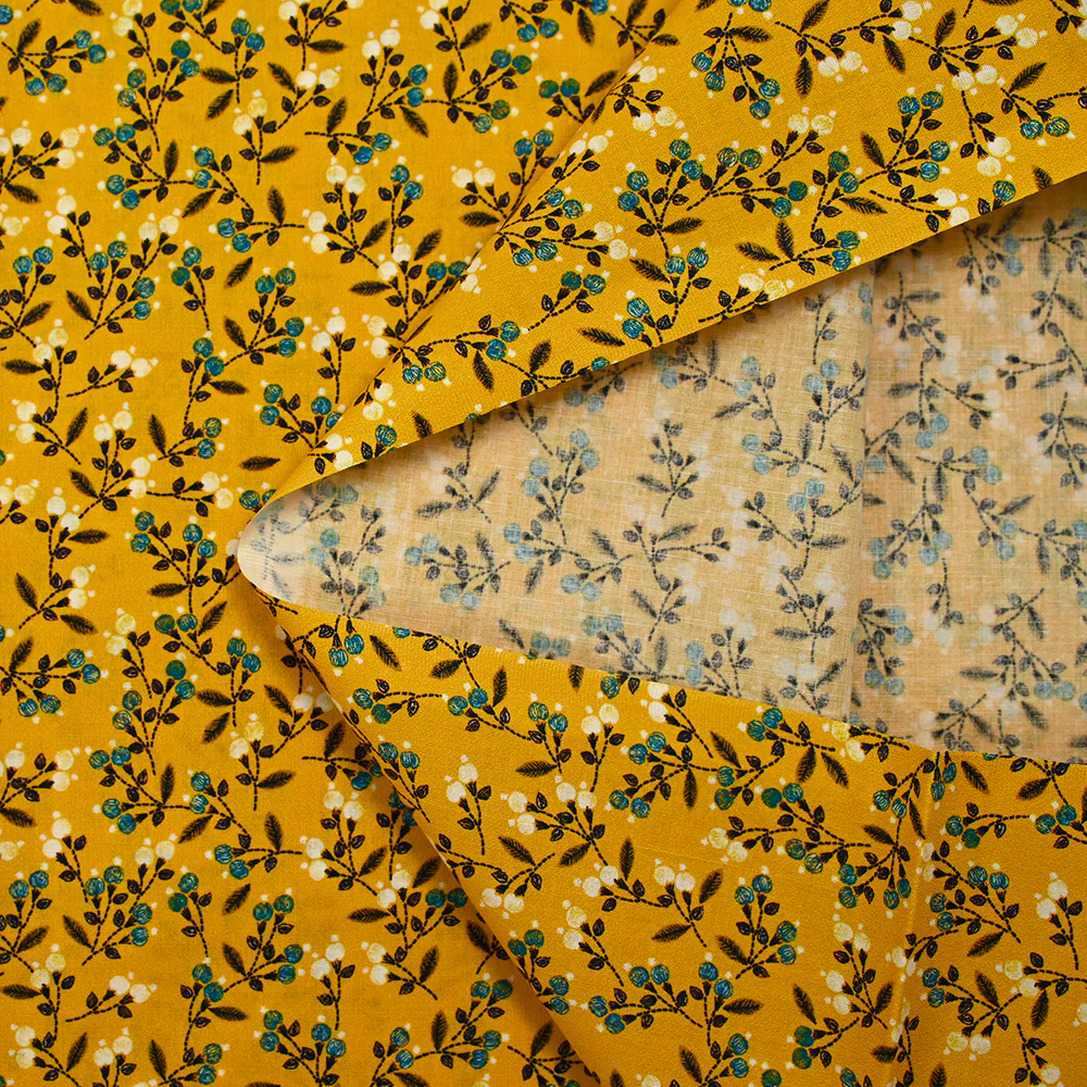 Popeline de coton imprimée pousse fleurie bleu fond jaune soleil - Image 5