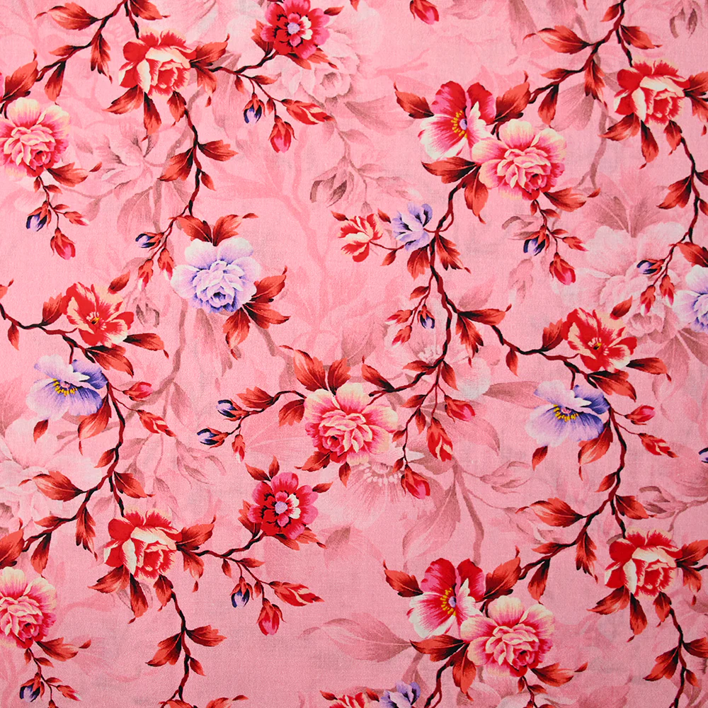 Popeline de coton imprimée romantisme corail fond rose