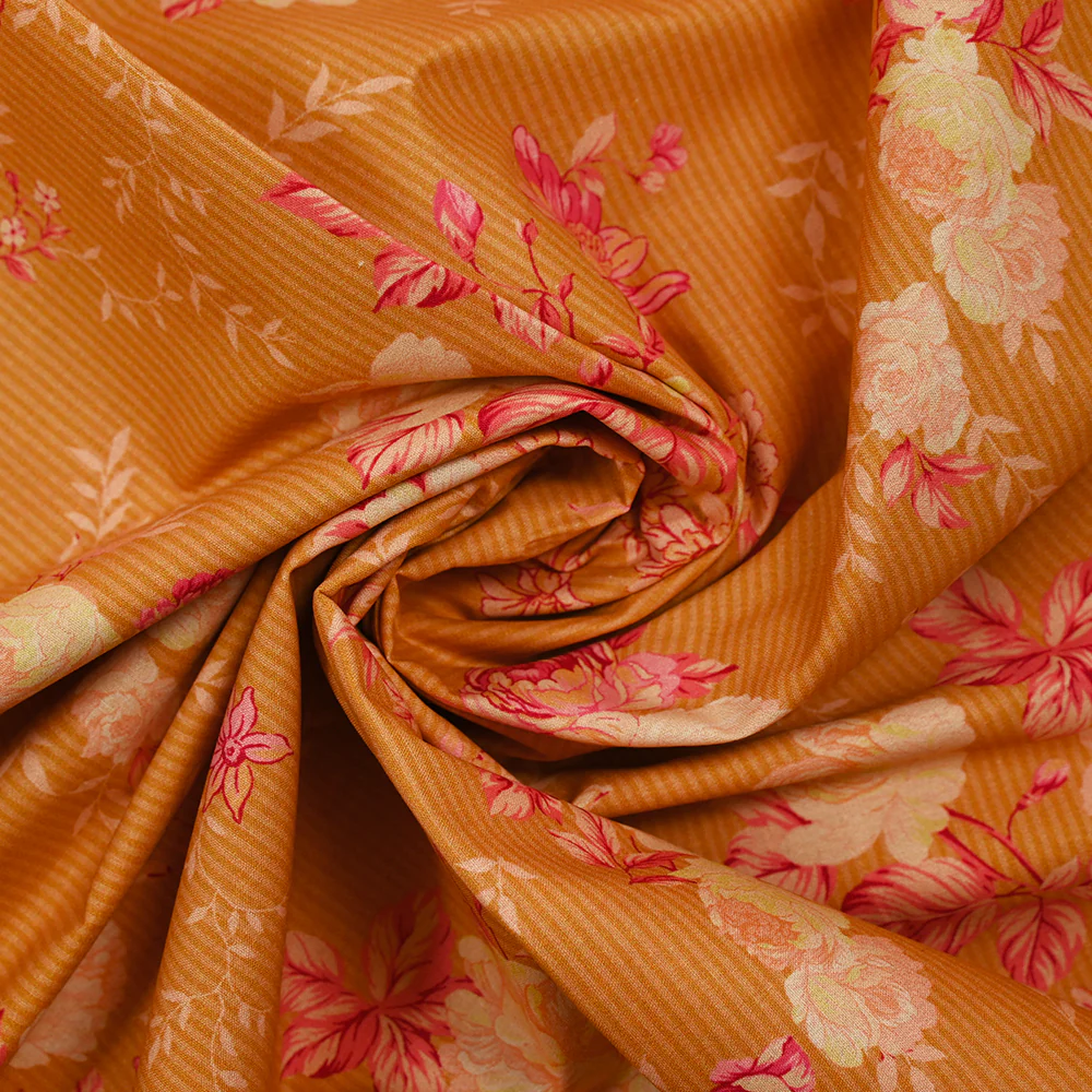 Popeline de coton imprimée rosier rose fond rayé orange - Image 2