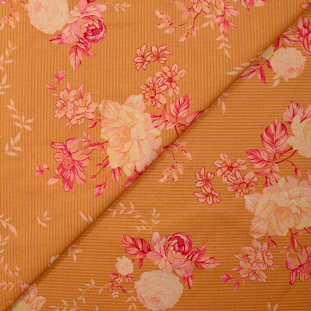 Popeline de coton imprimée rosier rose fond rayé orange - Image 4