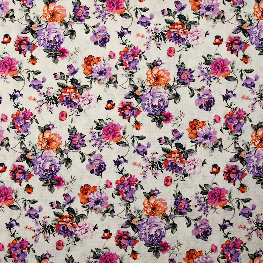 Popeline de coton imprimée rosier violet et orange fond blanc