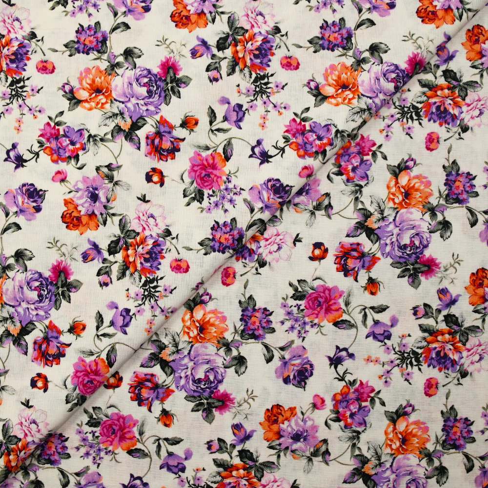 Popeline de coton imprimée rosier violet et orange fond blanc - Image 5