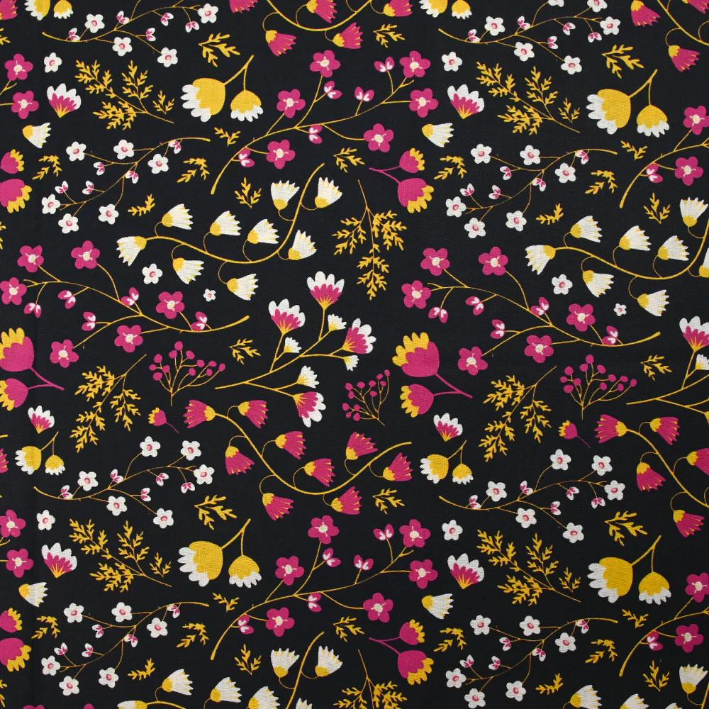 Popeline de coton imprimée tiges de fleurs jaune et fuchsia fond noir