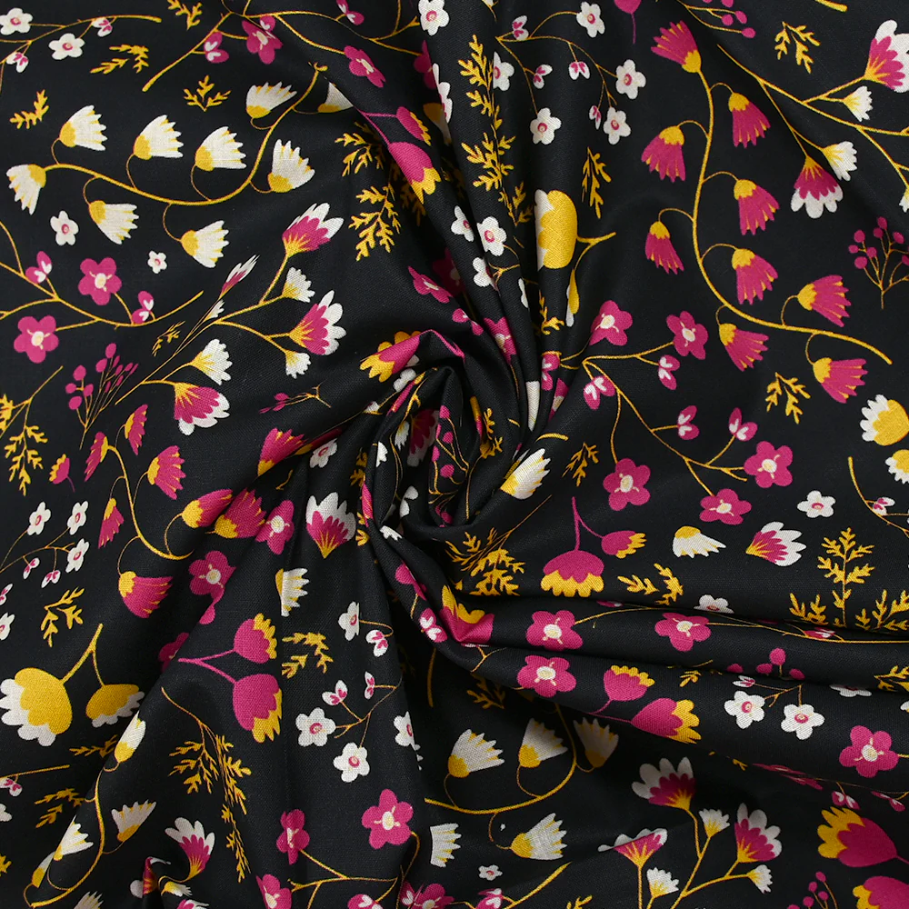 Popeline de coton imprimée tiges de fleurs jaune et fuchsia fond noir - Image 2