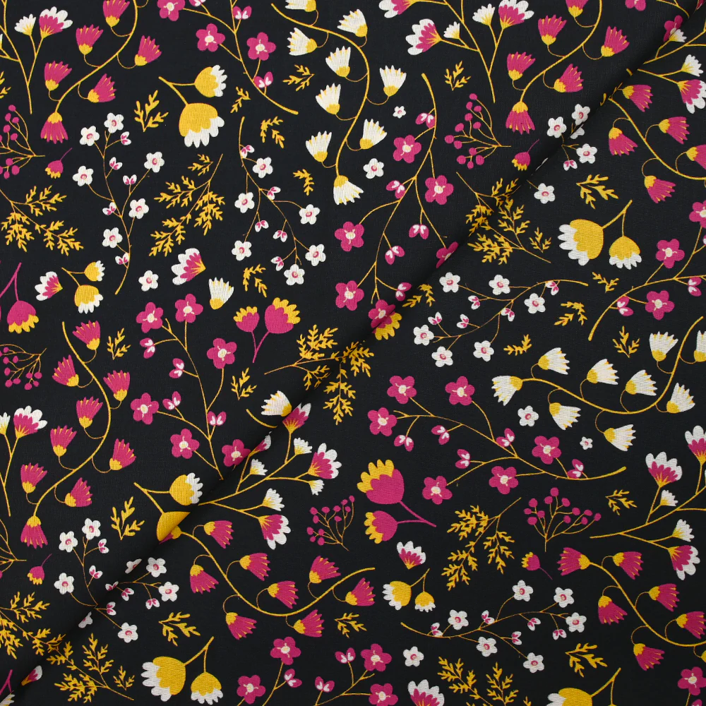 Popeline de coton imprimée tiges de fleurs jaune et fuchsia fond noir - Image 4