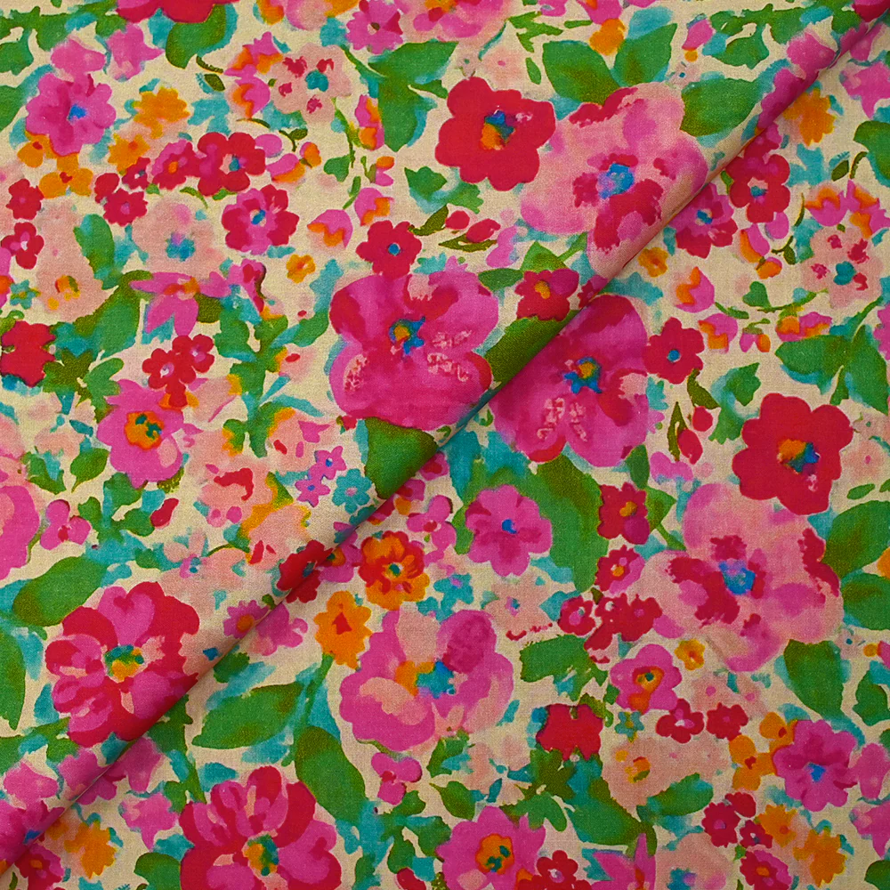 Popeline de coton imprimée valse florale fuchsia et vert fond ficelle - Image 4