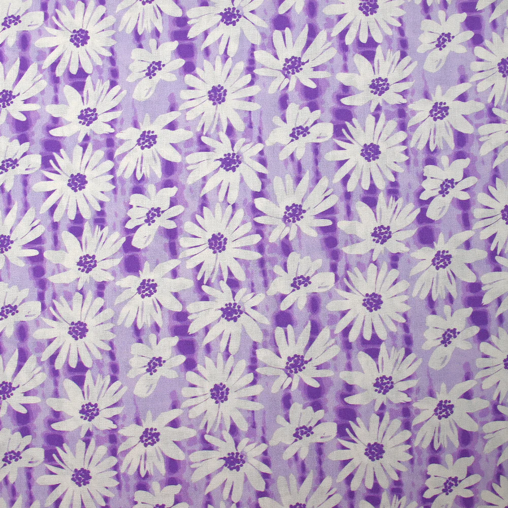 Popeline de coton imprimée vibration de marguerite fond violet