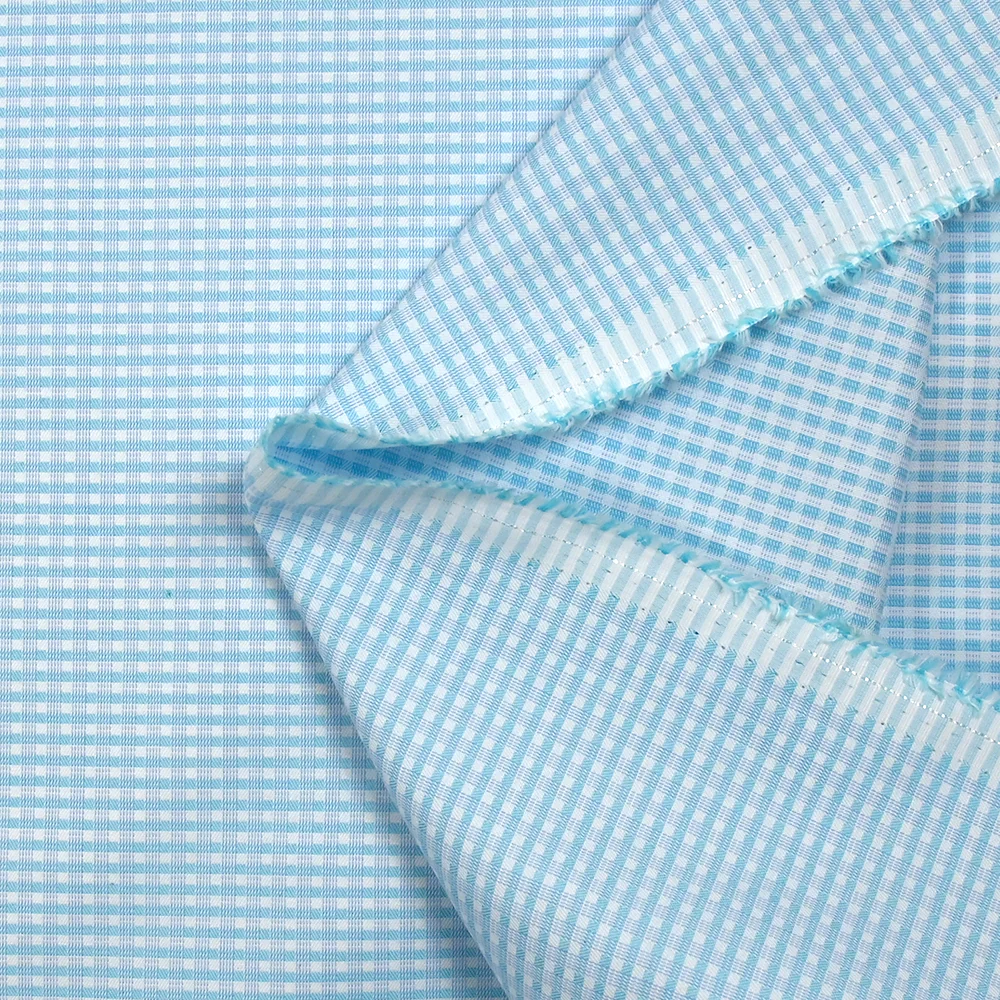 Popeline polycoton tissée-teinte à carreaux Adrien bleu et cyan fond blanc - Image 5