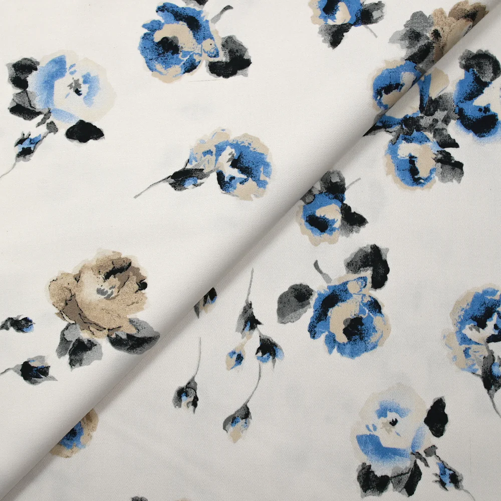 Satin de coton élasthanne pensée de fleurs bleu et grège fond blanc - Image 4