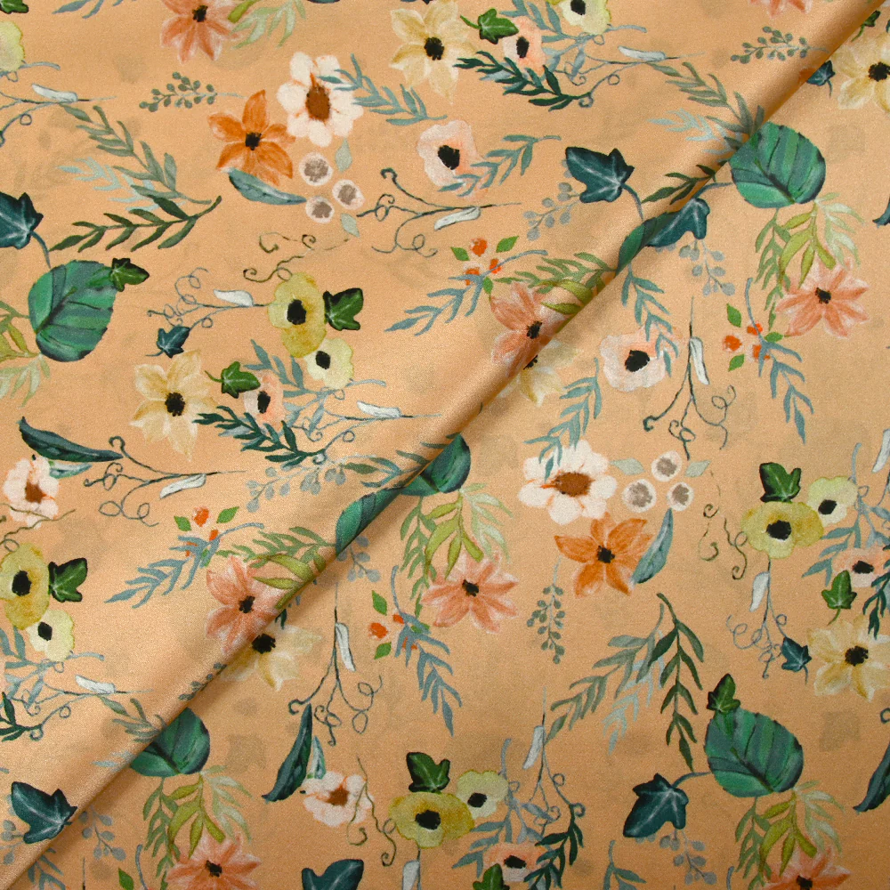 Satin de soie imprimé cascade de fleurs fond beige sable - Image 6