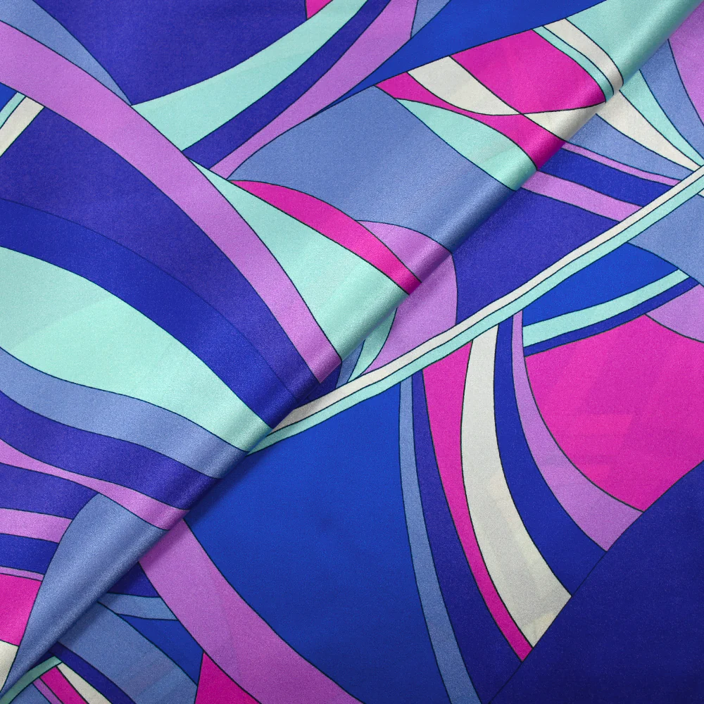 Satin de soie imprimé danse évasive magenta, bleu et parme - Image 6
