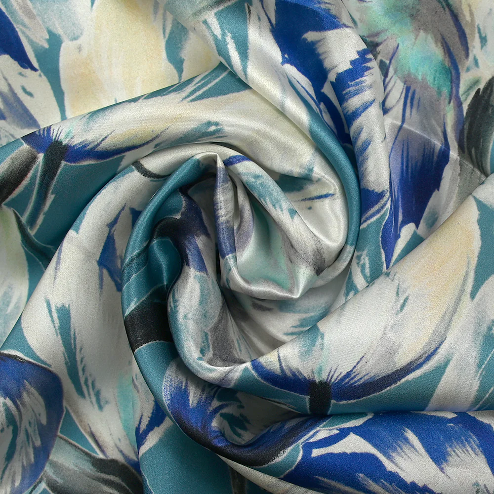 Satin de soie imprimé tulipes sauvages fond bleu - Image 2