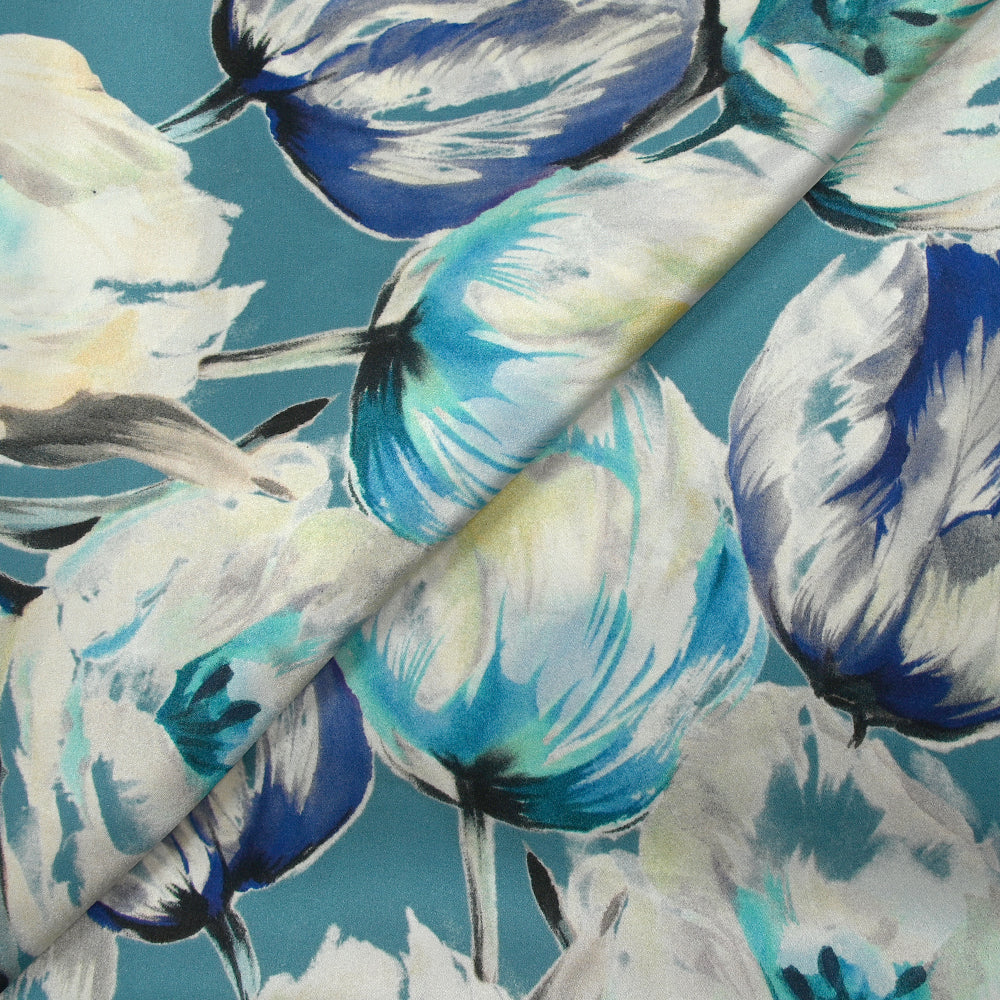 Satin de soie imprimé tulipes sauvages fond bleu - Image 6
