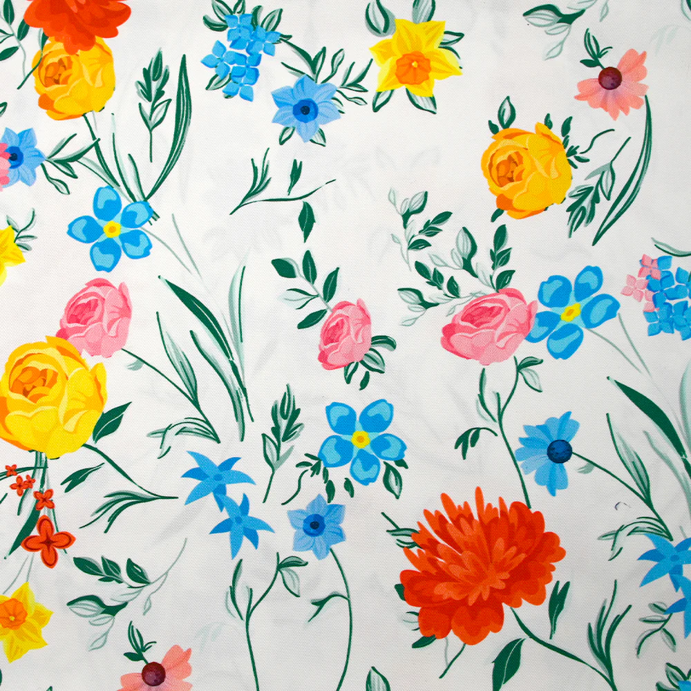 Sergé de coton élasthanne fleurs du jardin fond blanc
