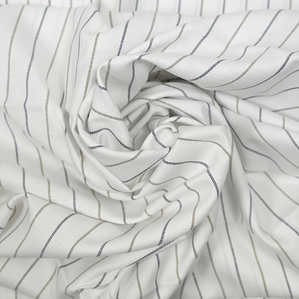 Toile de coton rayé marine et marron fond blanc - Image 2