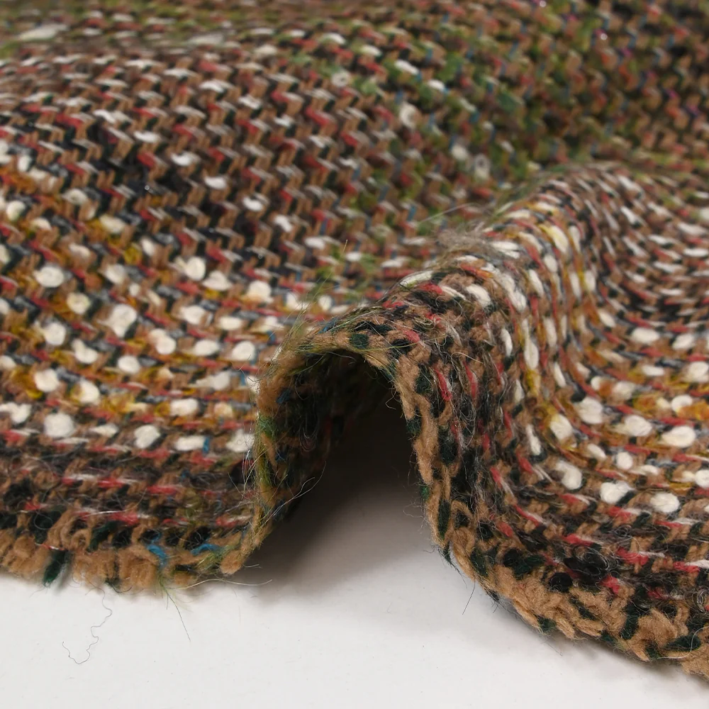 Tweed de laine mĂ©langĂ©e Apolline fond vert forĂȘt, camel et noir - Image 7
