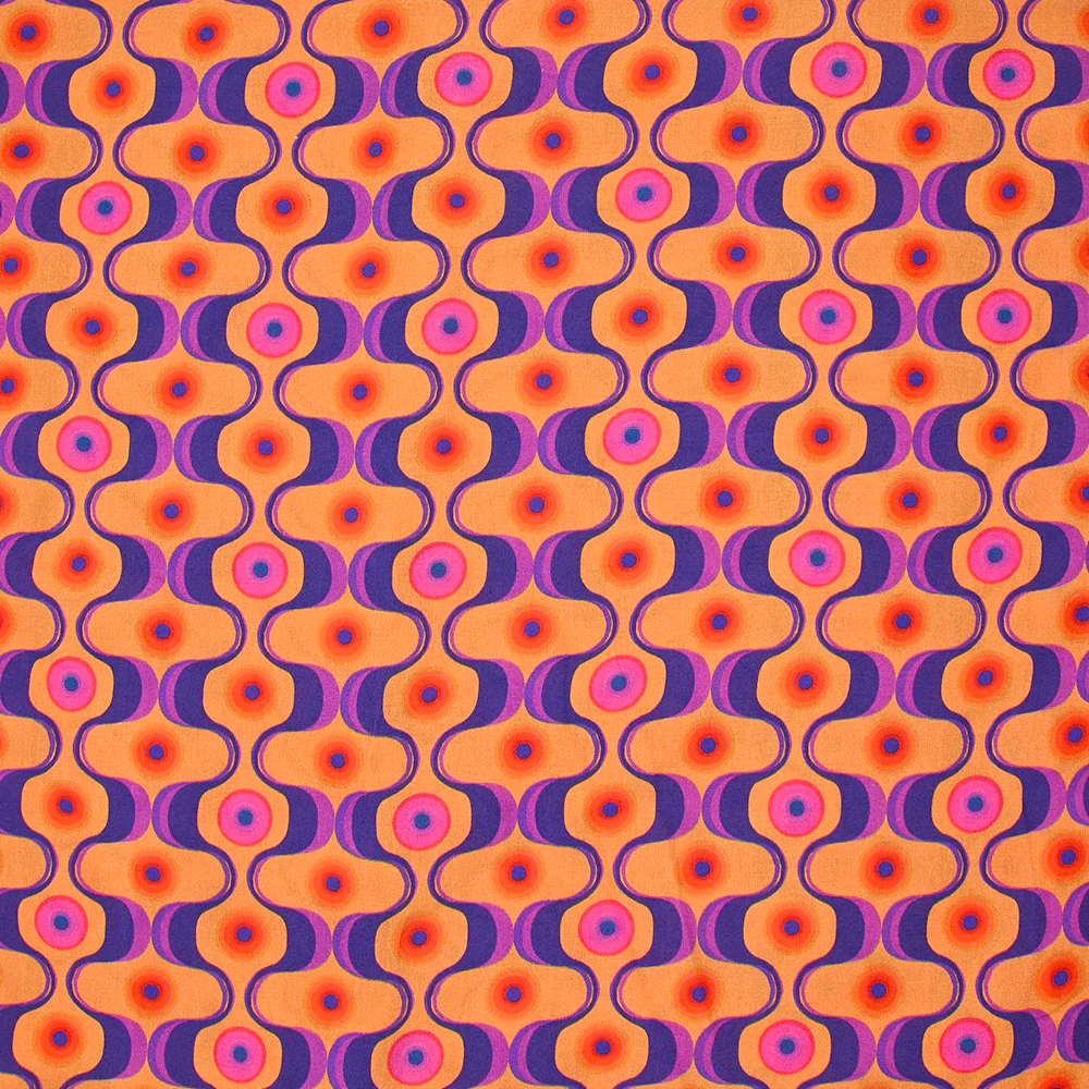 Viscose imprimée agitation violet et rose fond orange