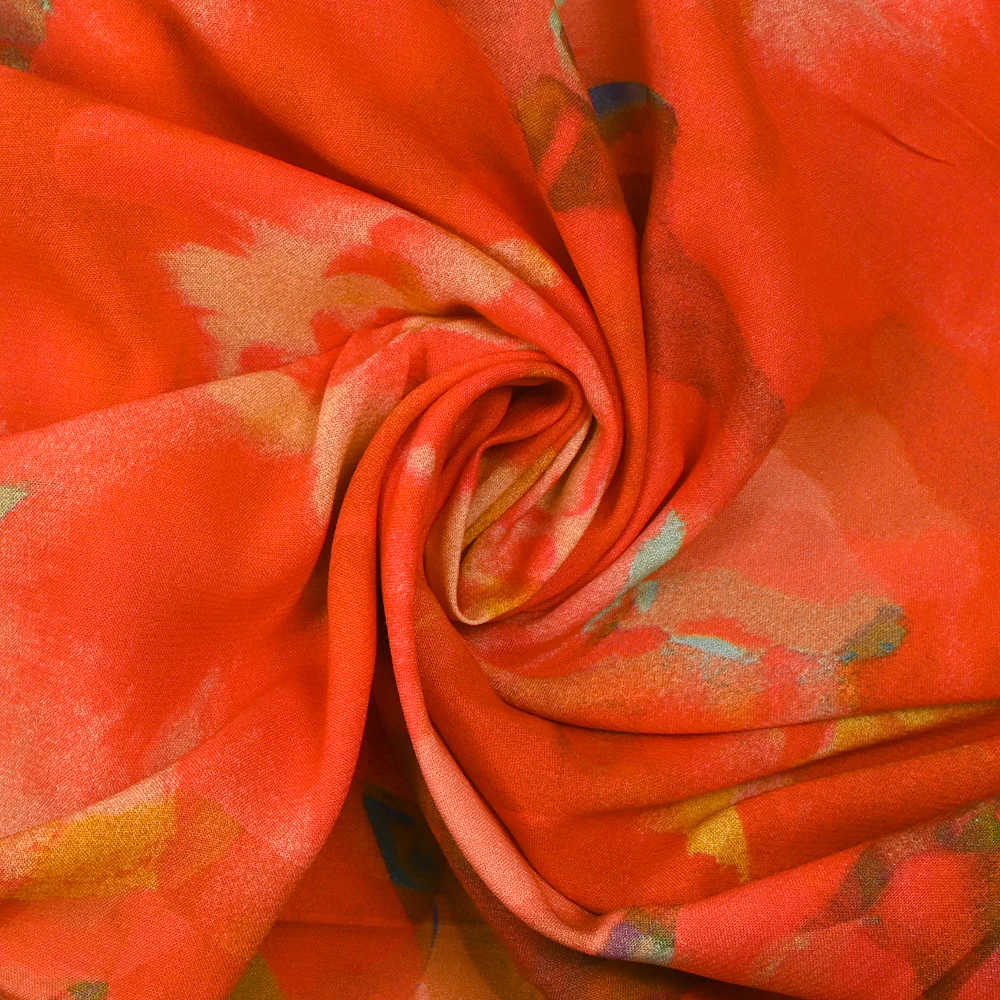 Viscose imprimée artistique fond rouge corail - Image 2