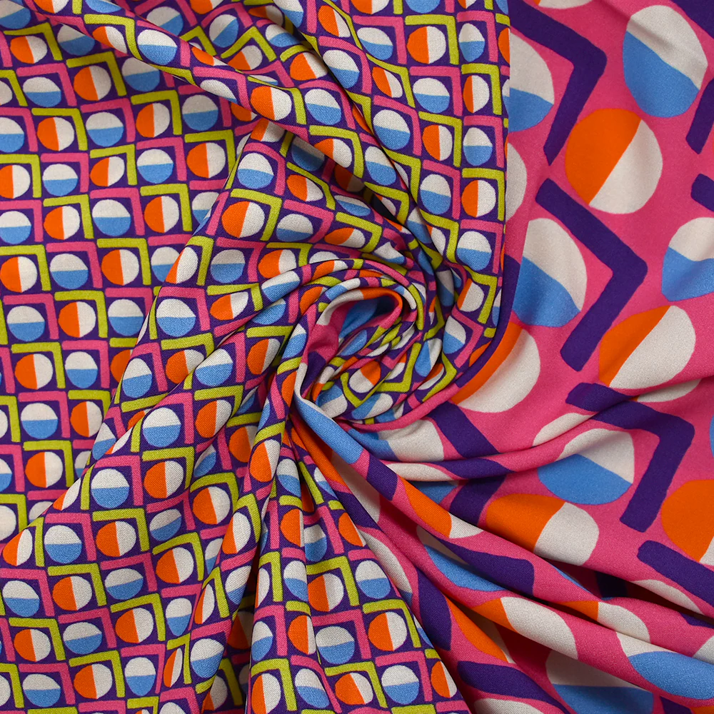 Viscose imprimée cercle vintage fuchsia fond violet - Image 2