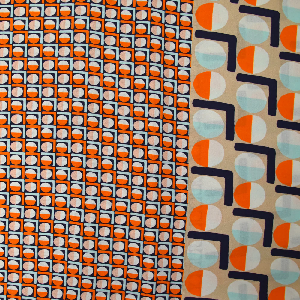 Viscose imprimée cercle vintage orange fond marine
