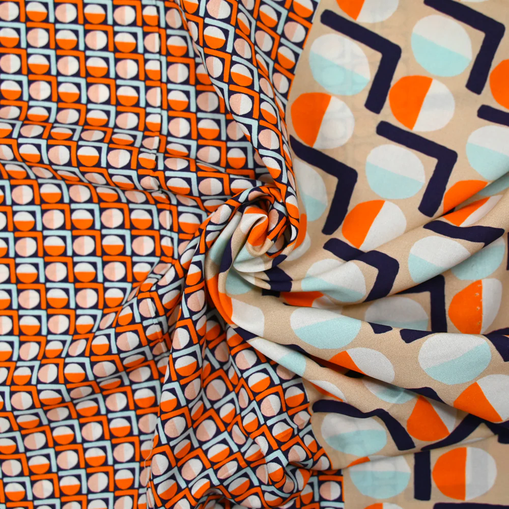 Viscose imprimée cercle vintage orange fond marine - Image 2