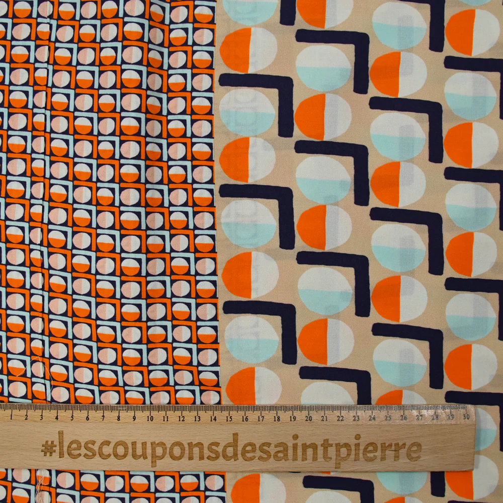 Viscose imprimée cercle vintage orange fond marine - Image 3