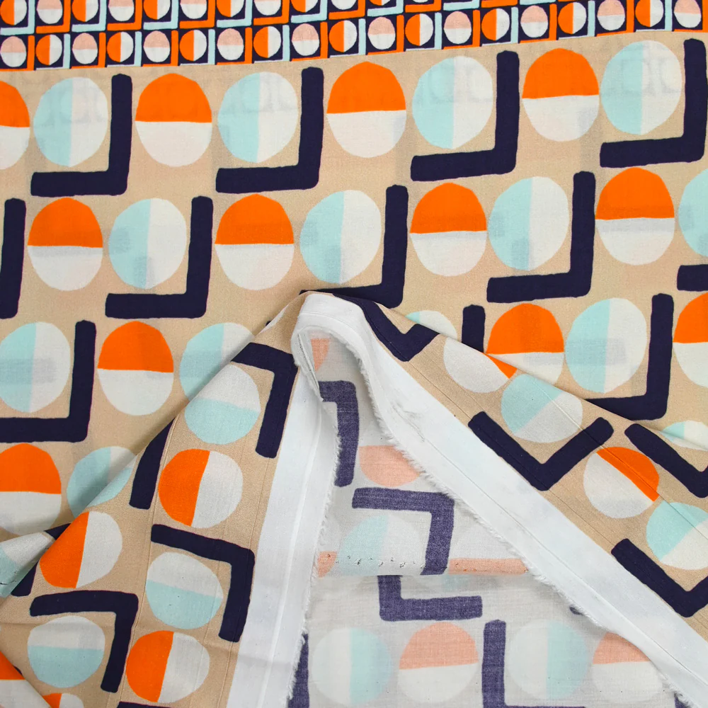 Viscose imprimée cercle vintage orange fond marine - Image 4