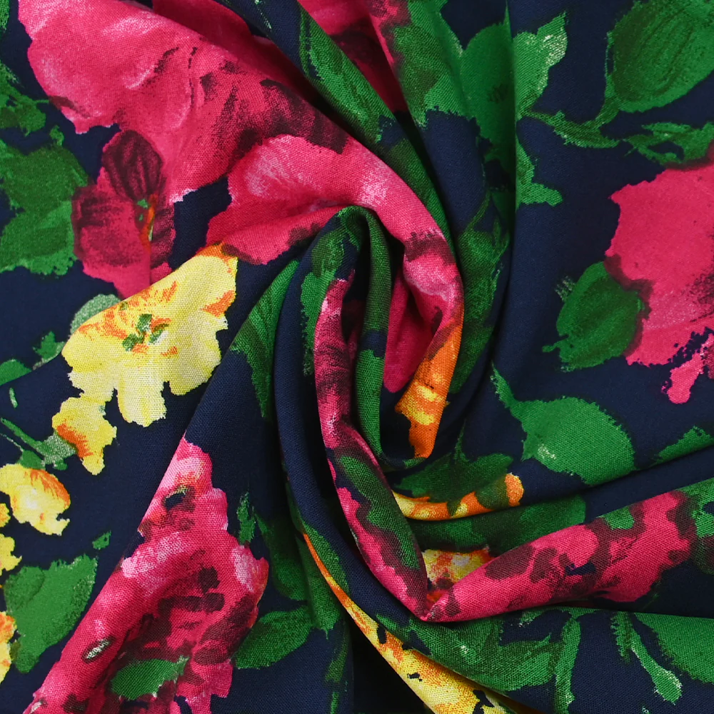 Viscose imprimée éclat de roses fuchsia et jaune fond marine - Image 2