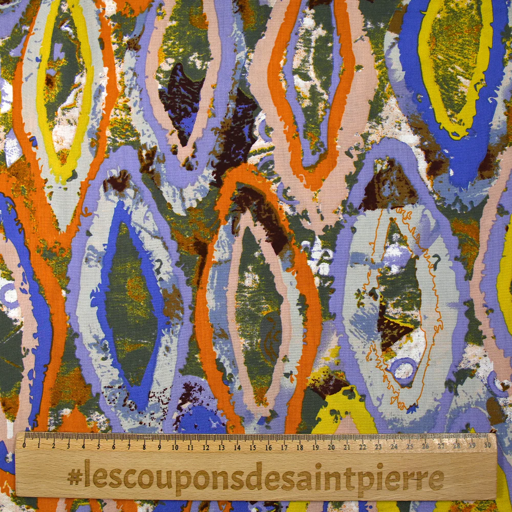 Viscose imprimée évasion triangulaire orange, lavande et kaki - Image 3