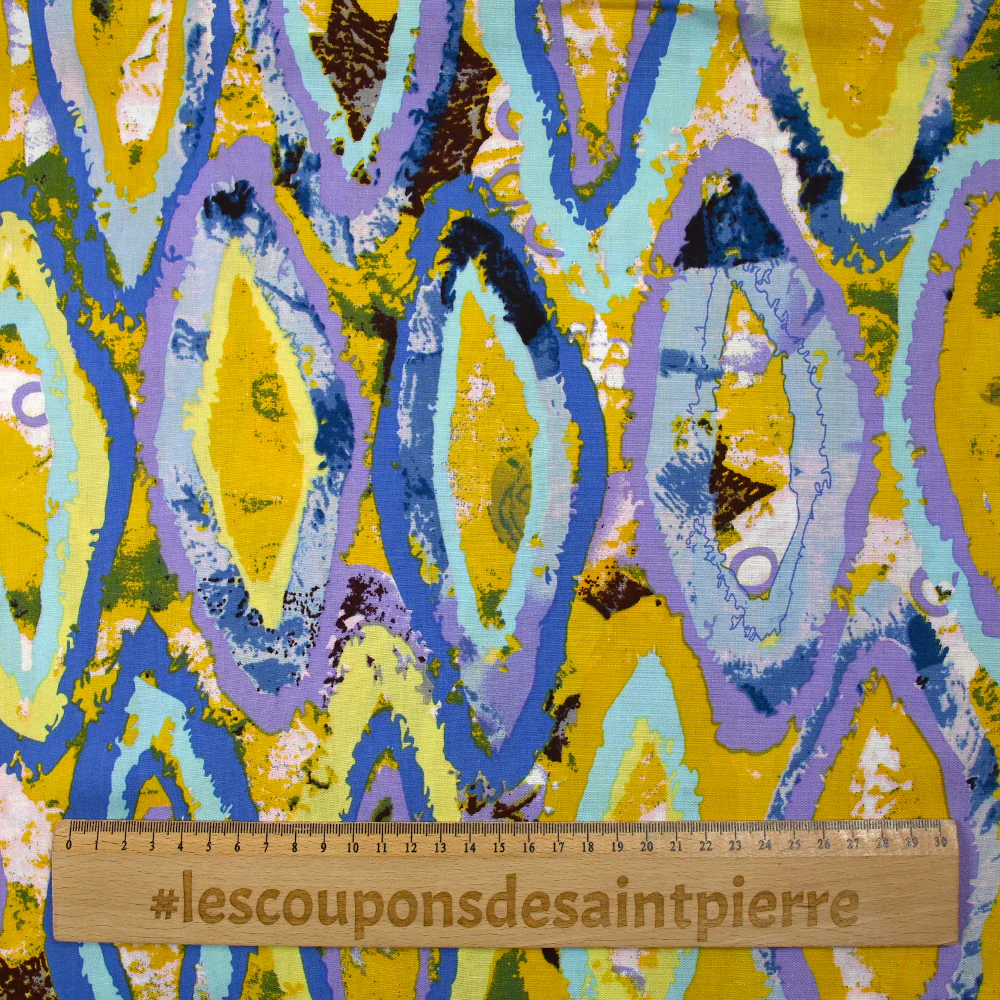 Viscose imprimée évasion triangulaire parme, ciel et jaune - Image 3