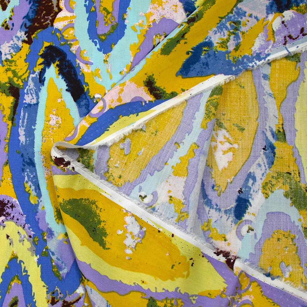 Viscose imprimée évasion triangulaire parme, ciel et jaune - Image 5