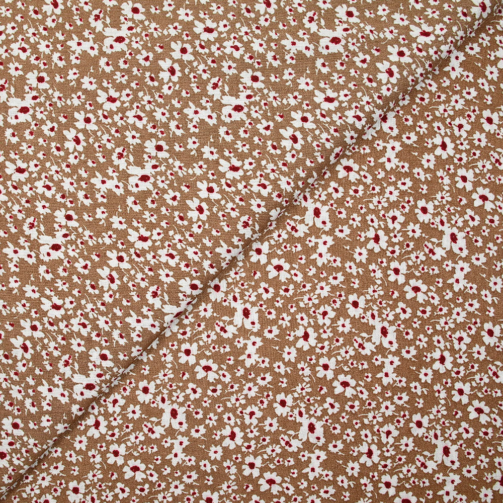 Viscose imprimée fleurs blanches et bordeaux fond noisette