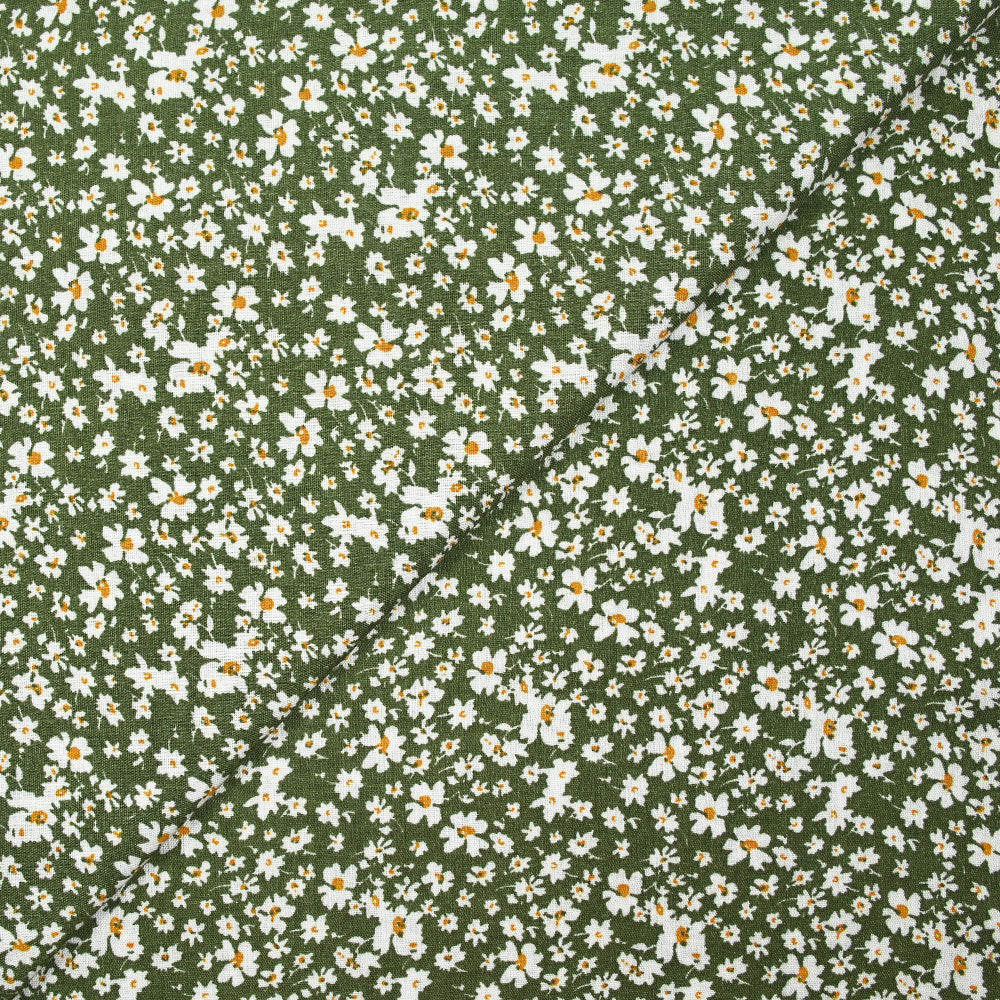 Viscose imprimée fleurs blanches et jaunes fond kaki