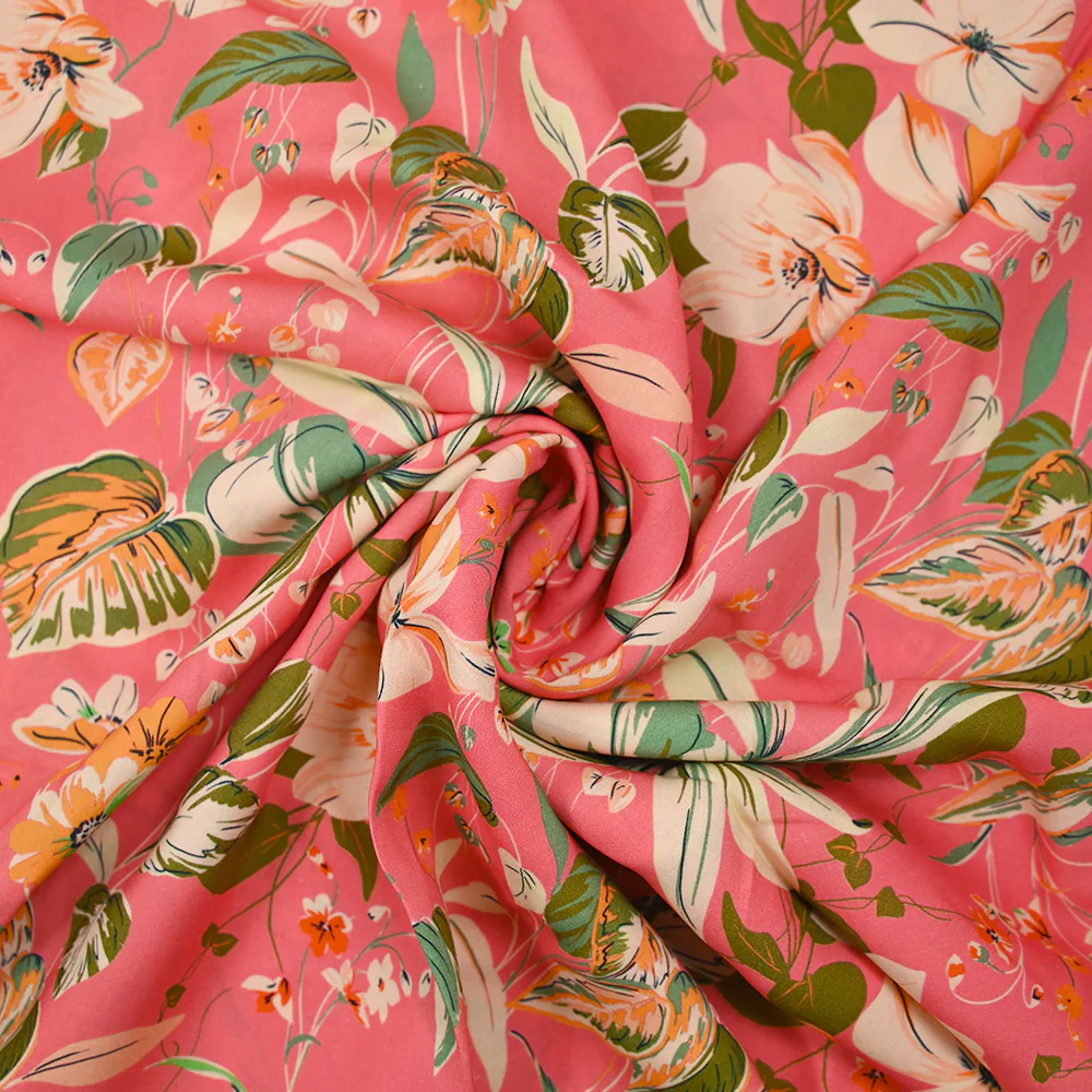 Viscose imprimée fleurs bucolique vert et orange fond rose - Image 2