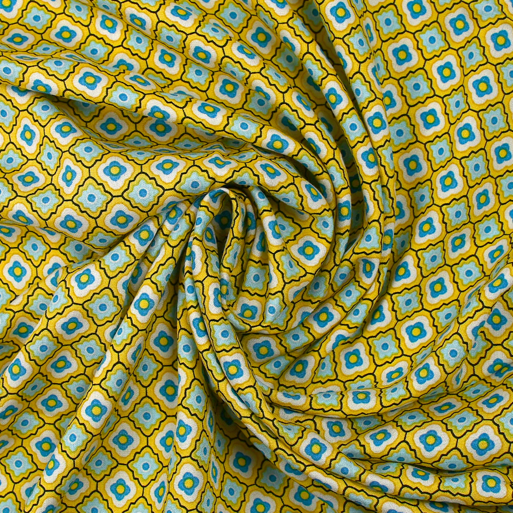 Viscose imprimée fleurs graphiques bleues fond jaune soleil - Image 2