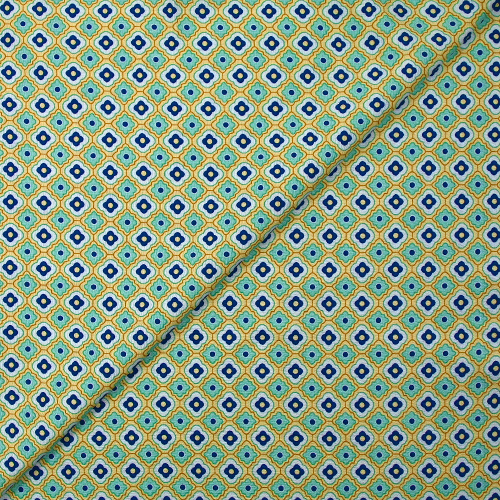 Viscose imprimée fleurs graphiques marine fond jaune beurre - Image 4